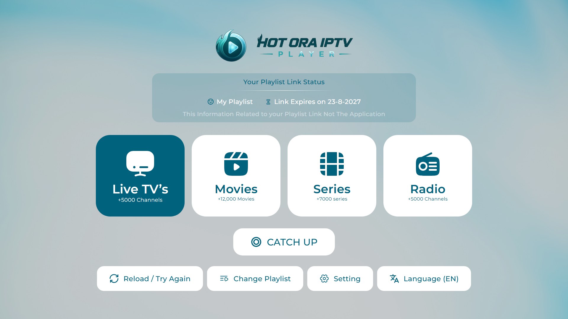 Tela inicial do Hot ORA IPTV Player com TV ao vivo, filmes, séries e rádio