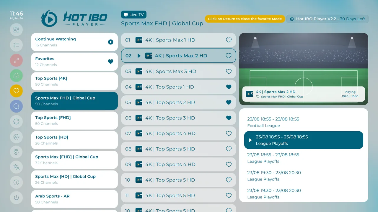 Modo favoritos na TV ao vivo do Hot ORA IPTV Player