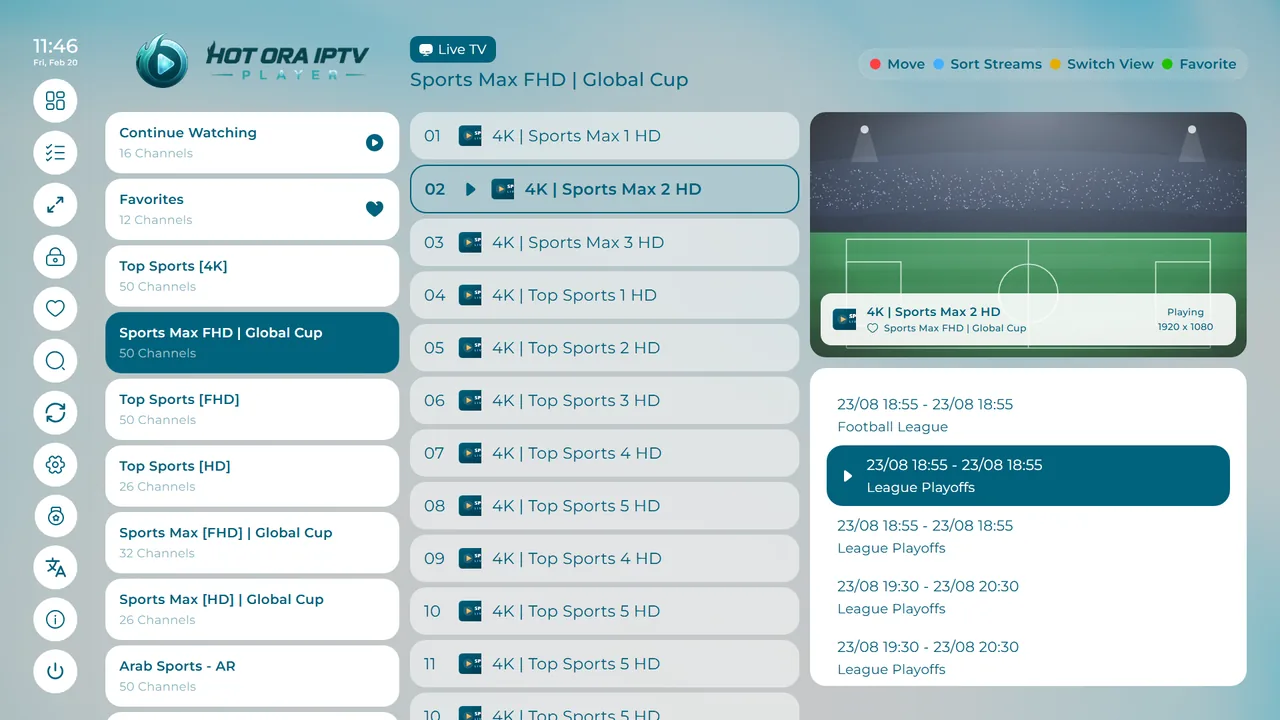 TV ao vivo com guia EPG no Hot ORA IPTV Player