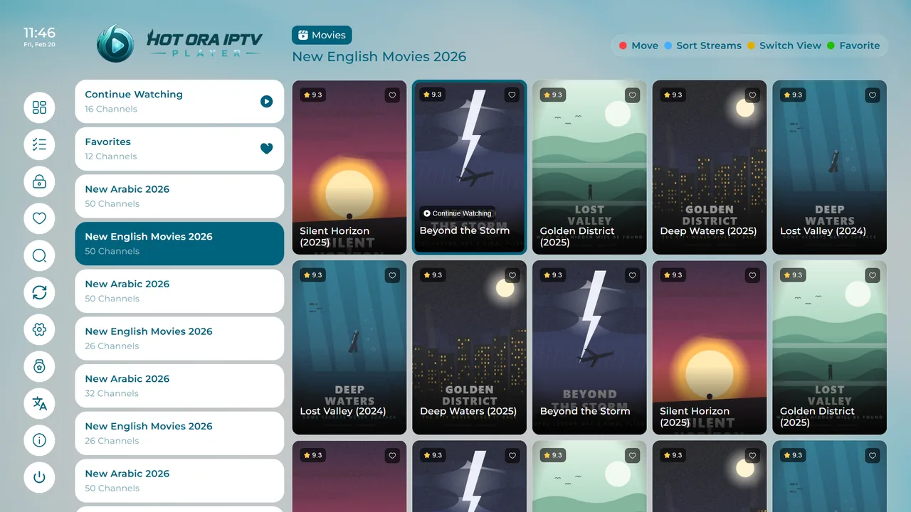 Interface rápida de navegação de filmes no Hot ORA IPTV Player