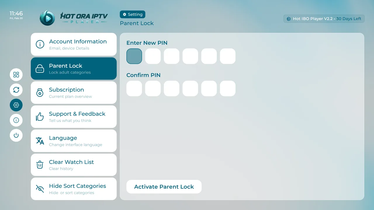 Tela de PIN do bloqueio parental no Hot ORA IPTV Player